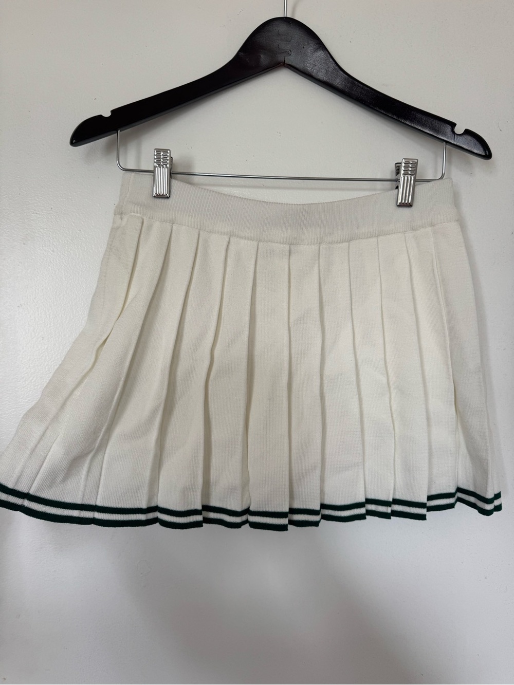 Daisy Cream Pleated Mini Skirt with Green Stripe Hem